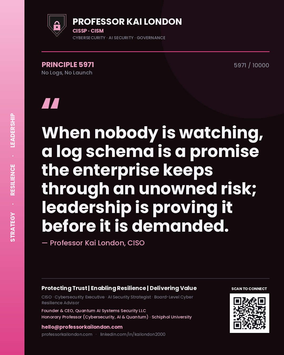 Professor Kai London principle 5971: When nobody is watching, a log schema is a promise the enterprise keeps through an unowned risk; leadership is proving it before it is demanded.