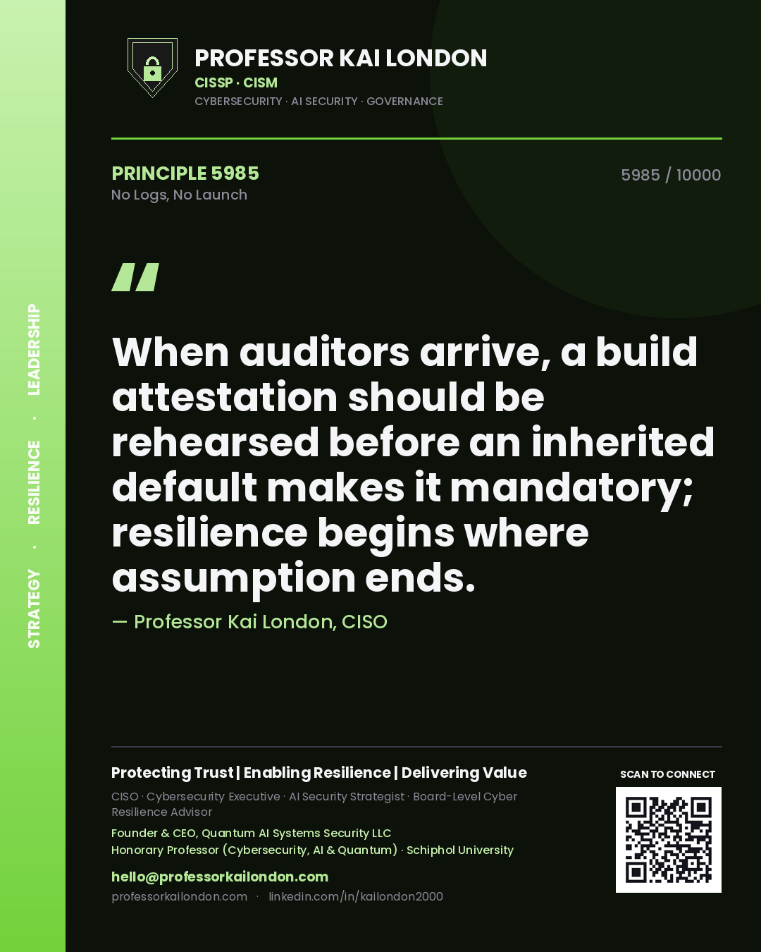 Professor Kai London principle 5985: When auditors arrive, a build attestation should be rehearsed before an inherited default makes it mandatory; resilience begins where assumption ends.