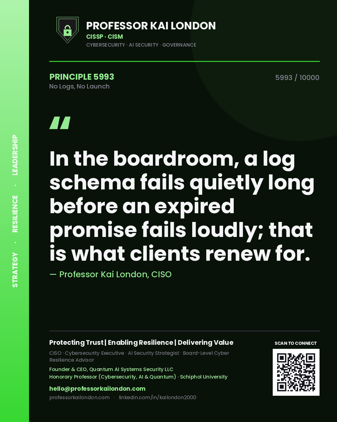 Professor Kai London principle 5993: In the boardroom, a log schema fails quietly long before an expired promise fails loudly; that is what clients renew for.