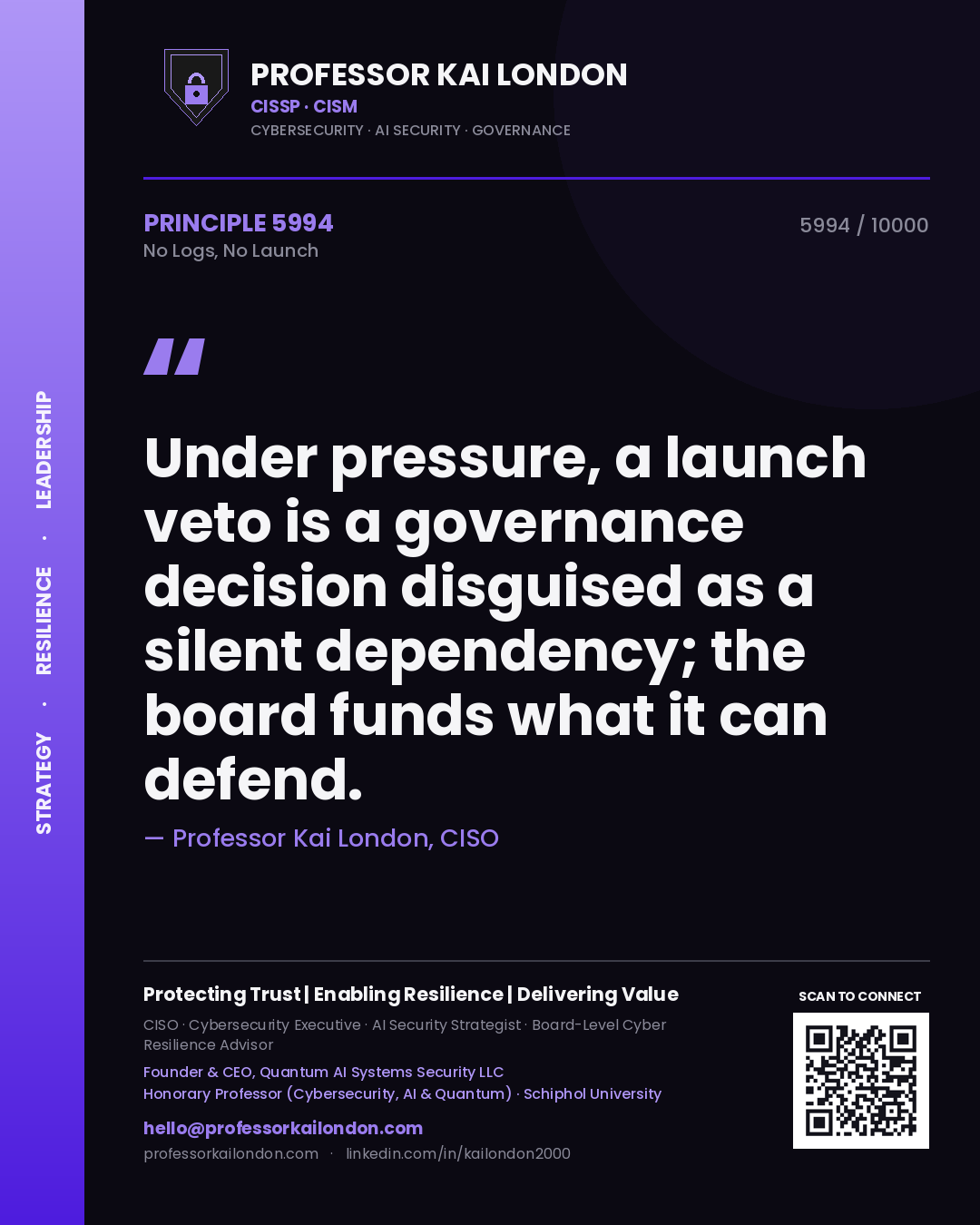 Quote card by Professor Kai London reading 'Under pressure, a launch veto is a governance decision disguised as a silent dependency; the board funds what it can defend.'. From the book No Logs, No Launch.