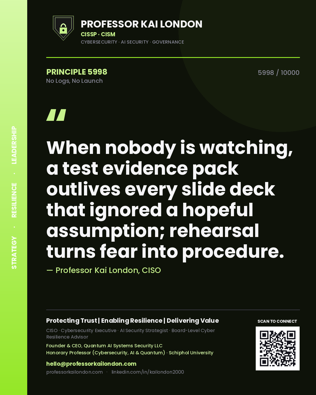 Quote card by Professor Kai London reading 'When nobody is watching, a test evidence pack outlives every slide deck that ignored a hopeful assumption; rehearsal turns fear into procedure.'. From the book No Logs, No Launch.