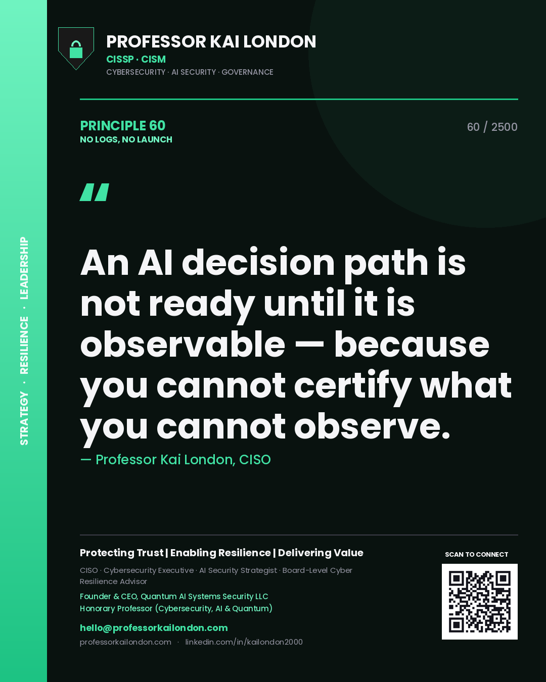 Quote card by Professor Kai London reading 'An AI decision path is not ready until it is observable — because you cannot certify what you cannot observe.'. From the book No Logs, No Launch.