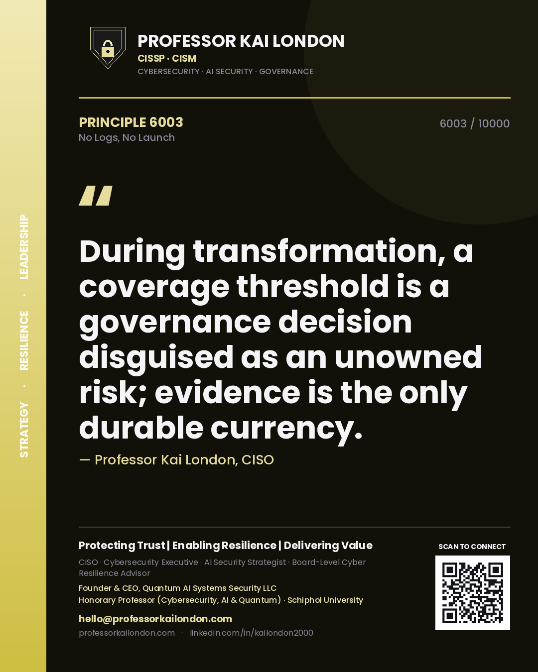 Professor Kai London principle 6003: During transformation, a coverage threshold is a governance decision disguised as an unowned risk; evidence is the only durable currency.