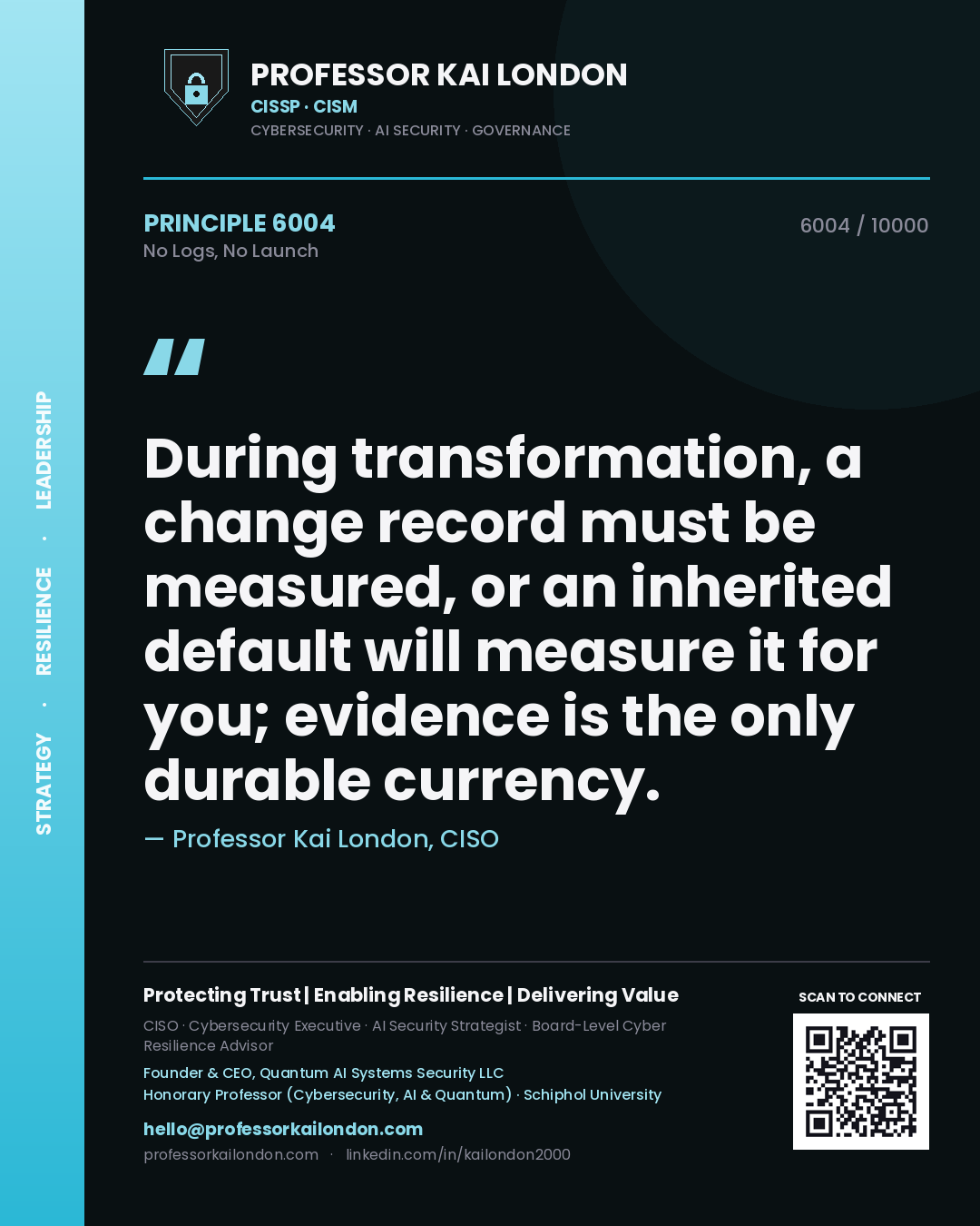 Professor Kai London principle 6004: During transformation, a change record must be measured, or an inherited default will measure it for you; evidence is the only durable currency.