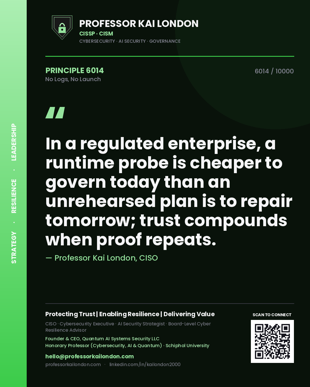 Professor Kai London principle 6014: In a regulated enterprise, a runtime probe is cheaper to govern today than an unrehearsed plan is to repair tomorrow; trust compounds when proof repeats.