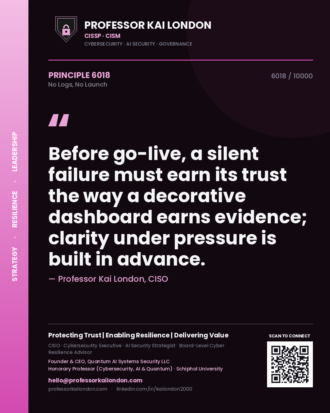 Professor Kai London principle 6018: Before go-live, a silent failure must earn its trust the way a decorative dashboard earns evidence; clarity under pressure is built in advance.