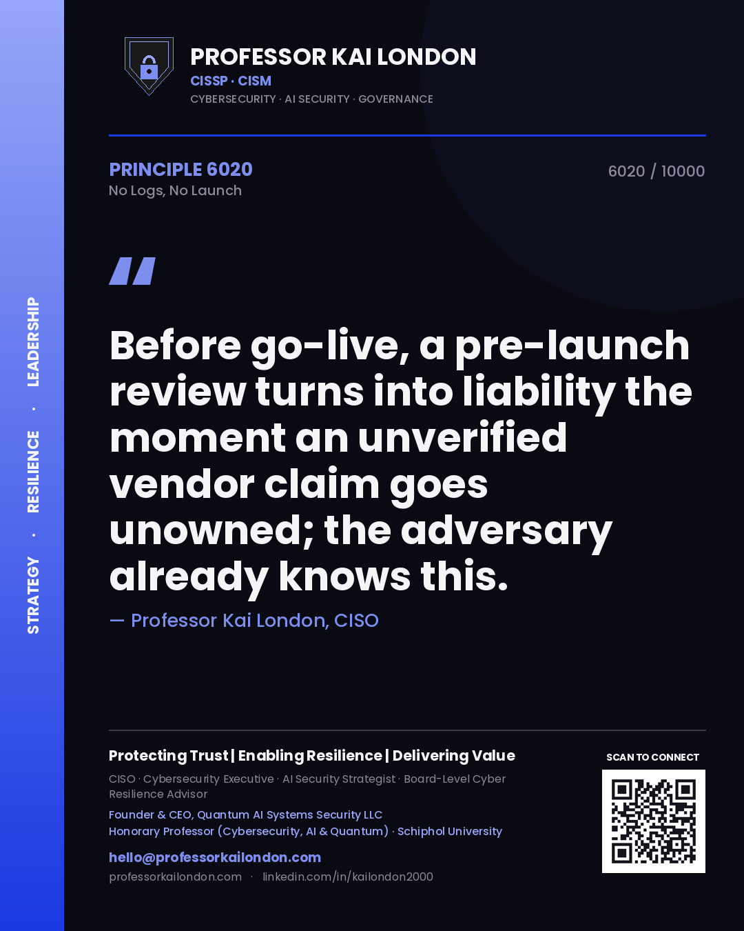 Professor Kai London principle 6020: Before go-live, a pre-launch review turns into liability the moment an unverified vendor claim goes unowned; the adversary already knows this.