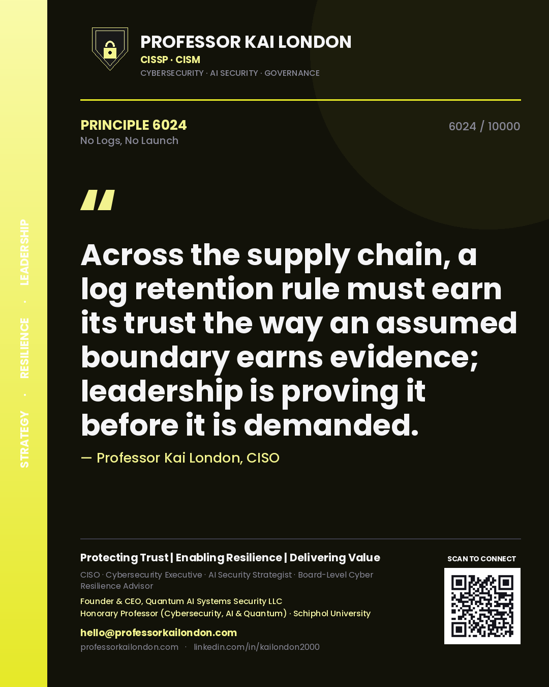 Professor Kai London principle 6024: Across the supply chain, a log retention rule must earn its trust the way an assumed boundary earns evidence; leadership is proving it before it is demanded.