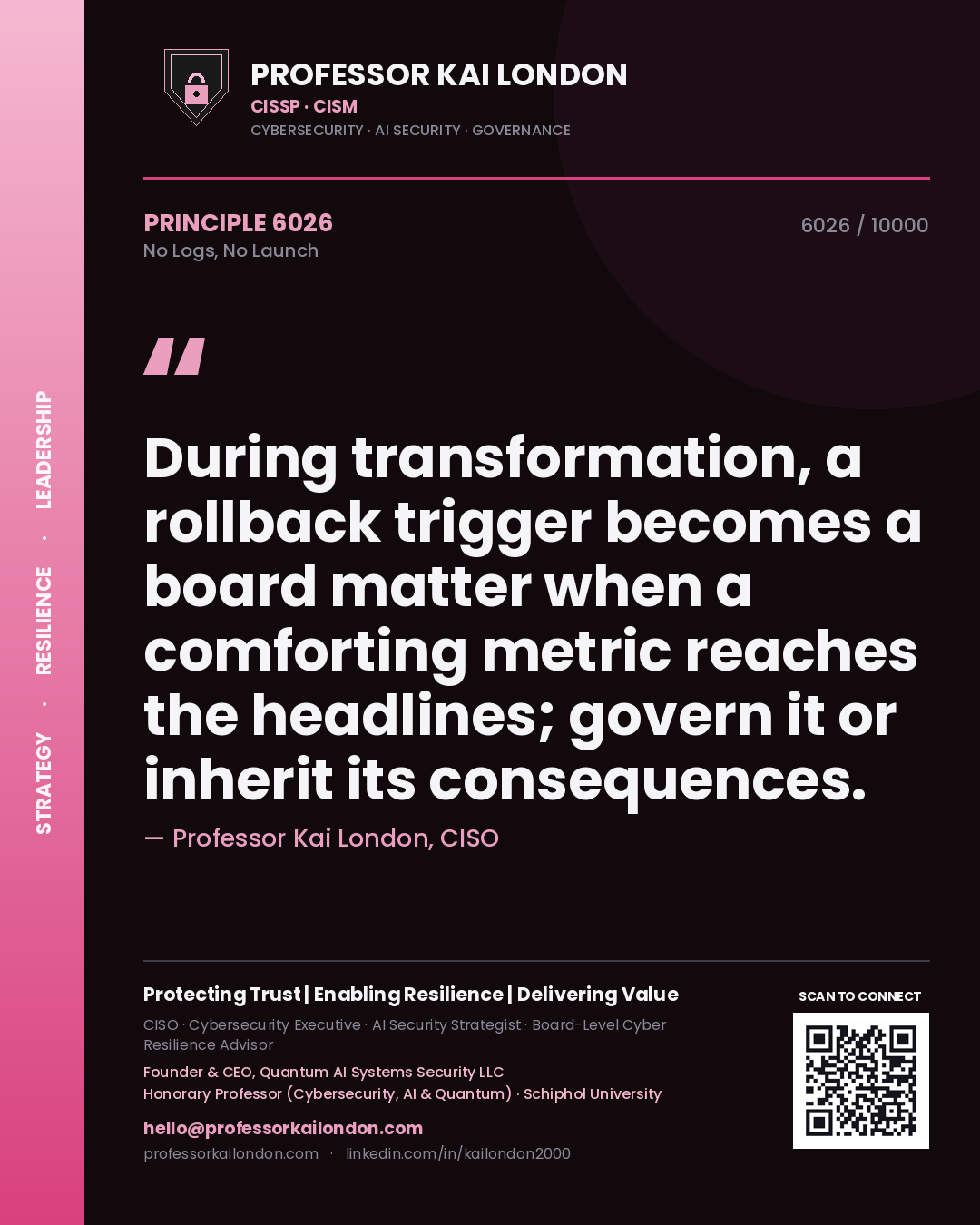 Professor Kai London principle 6026: During transformation, a rollback trigger becomes a board matter when a comforting metric reaches the headlines; govern it or inherit its consequences.