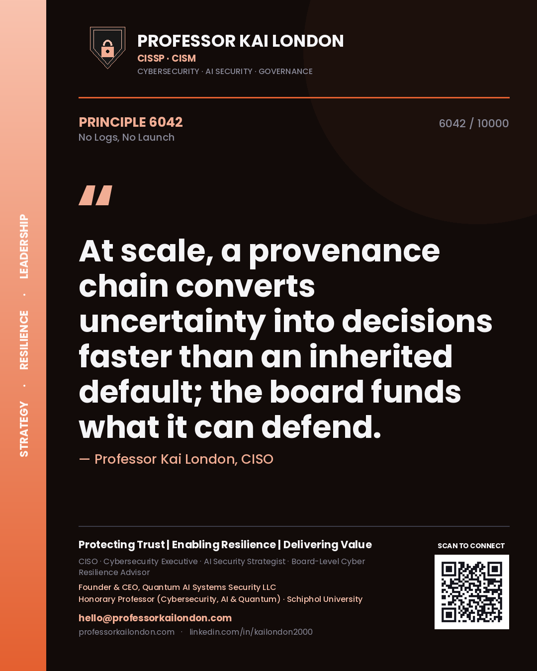 Professor Kai London principle 6042: At scale, a provenance chain converts uncertainty into decisions faster than an inherited default; the board funds what it can defend.