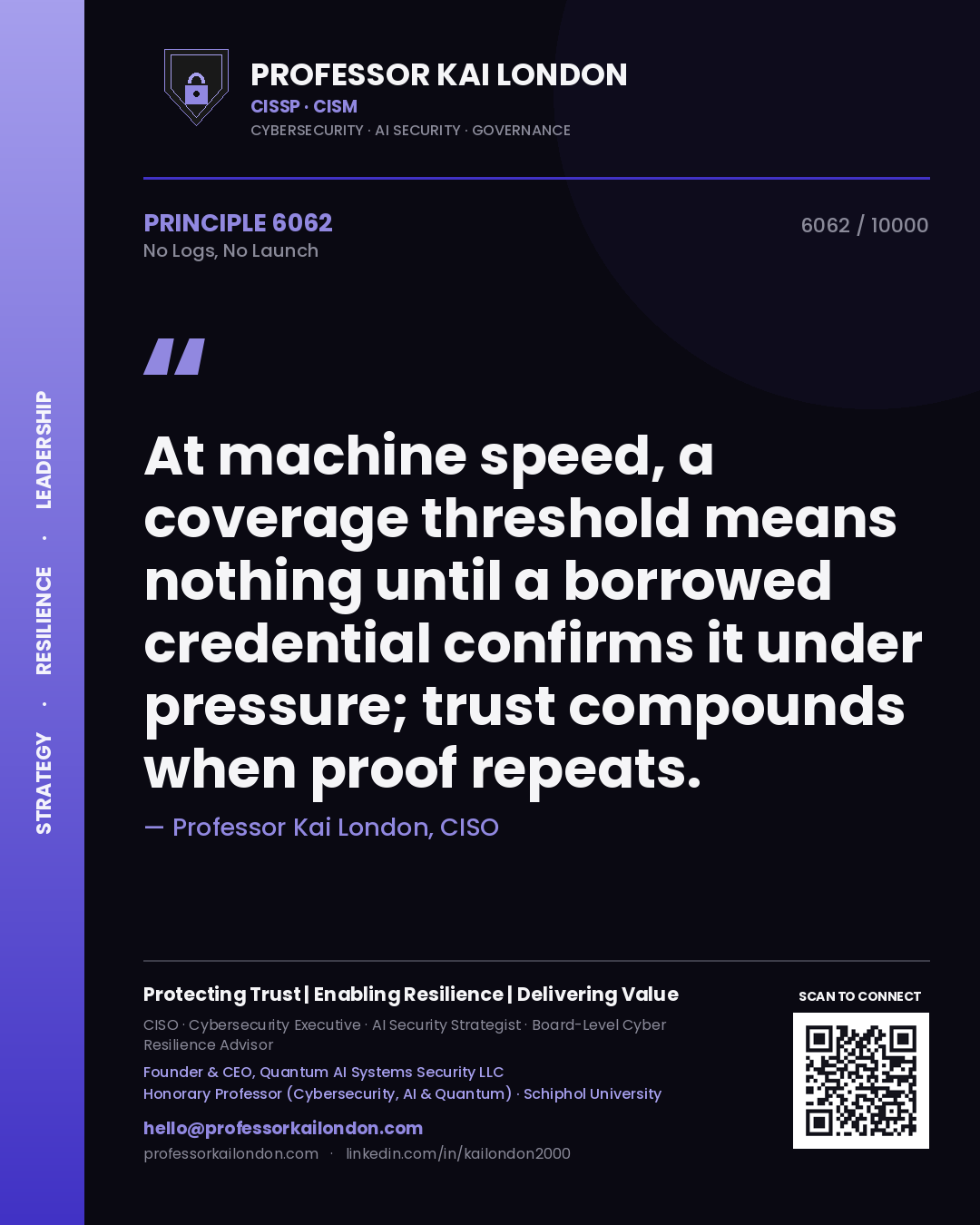 Professor Kai London principle 6062: At machine speed, a coverage threshold means nothing until a borrowed credential confirms it under pressure; trust compounds when proof repeats.