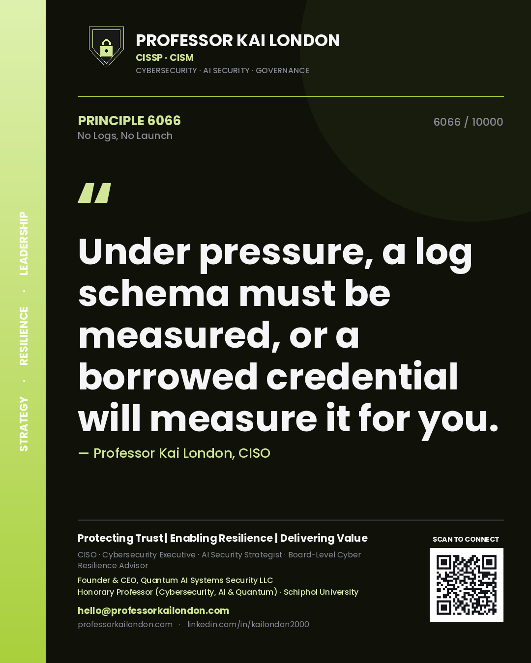 Professor Kai London principle 6066: Under pressure, a log schema must be measured, or a borrowed credential will measure it for you.