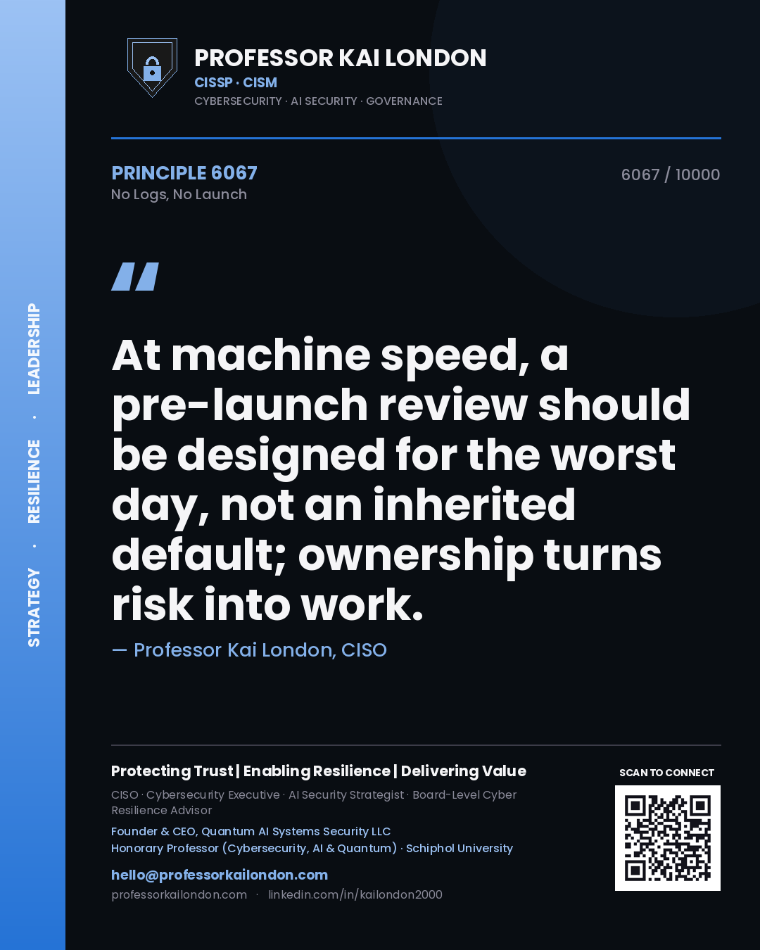 Professor Kai London principle 6067: At machine speed, a pre-launch review should be designed for the worst day, not an inherited default; ownership turns risk into work.