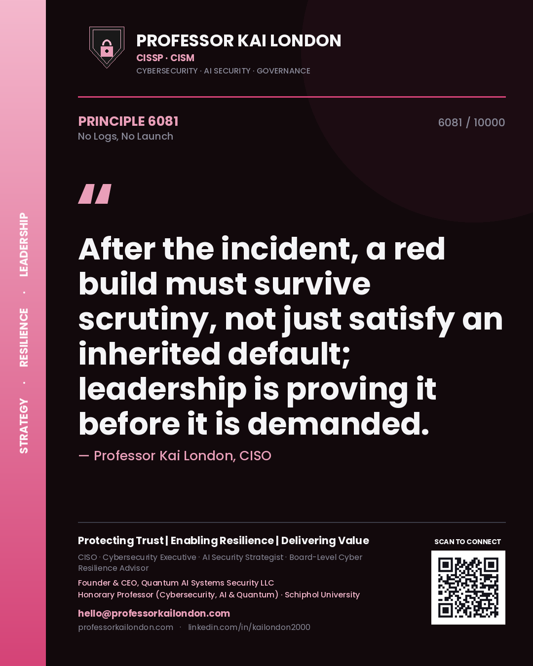 Professor Kai London principle 6081: After the incident, a red build must survive scrutiny, not just satisfy an inherited default; leadership is proving it before it is demanded.