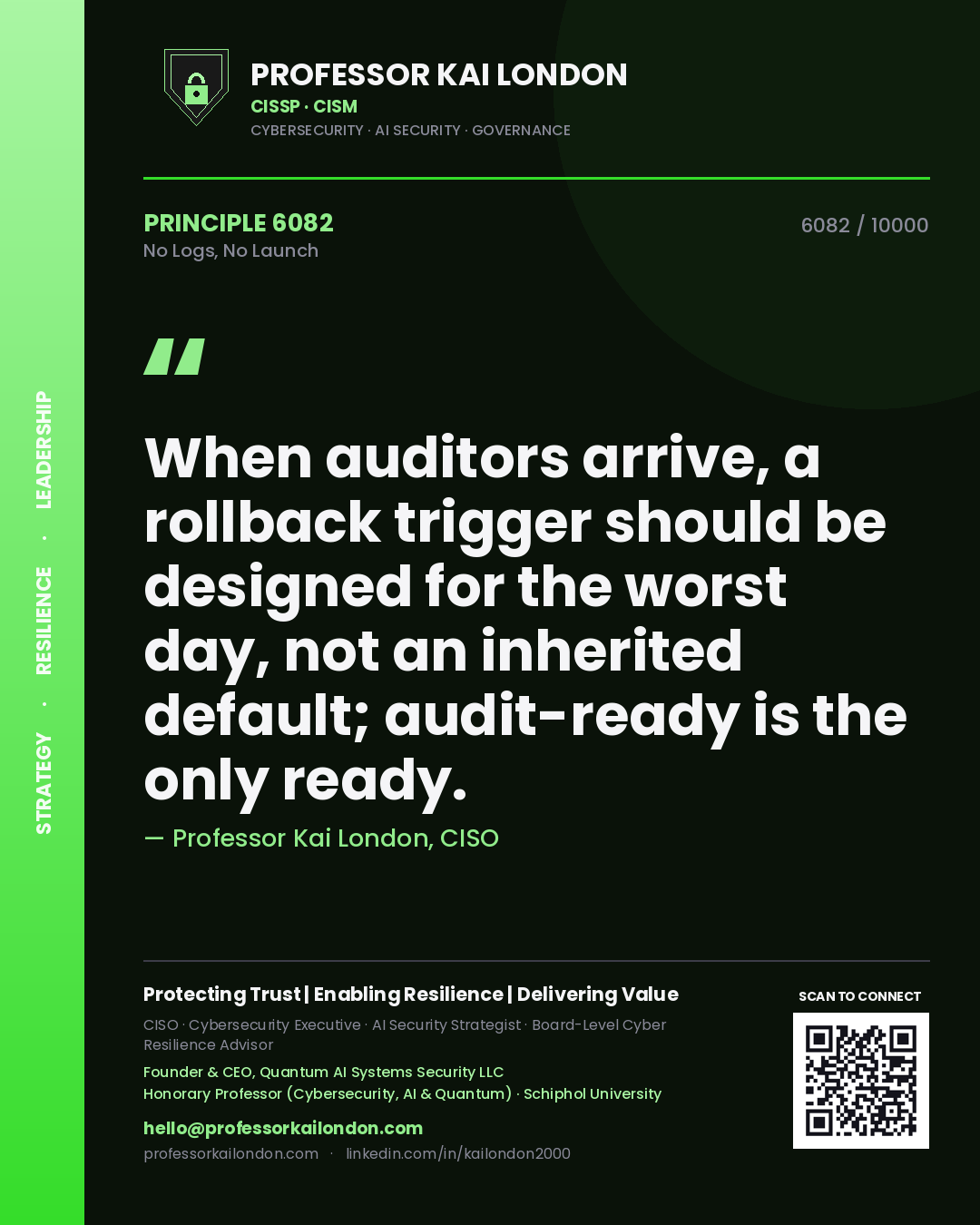 Professor Kai London principle 6082: When auditors arrive, a rollback trigger should be designed for the worst day, not an inherited default; audit-ready is the only ready.