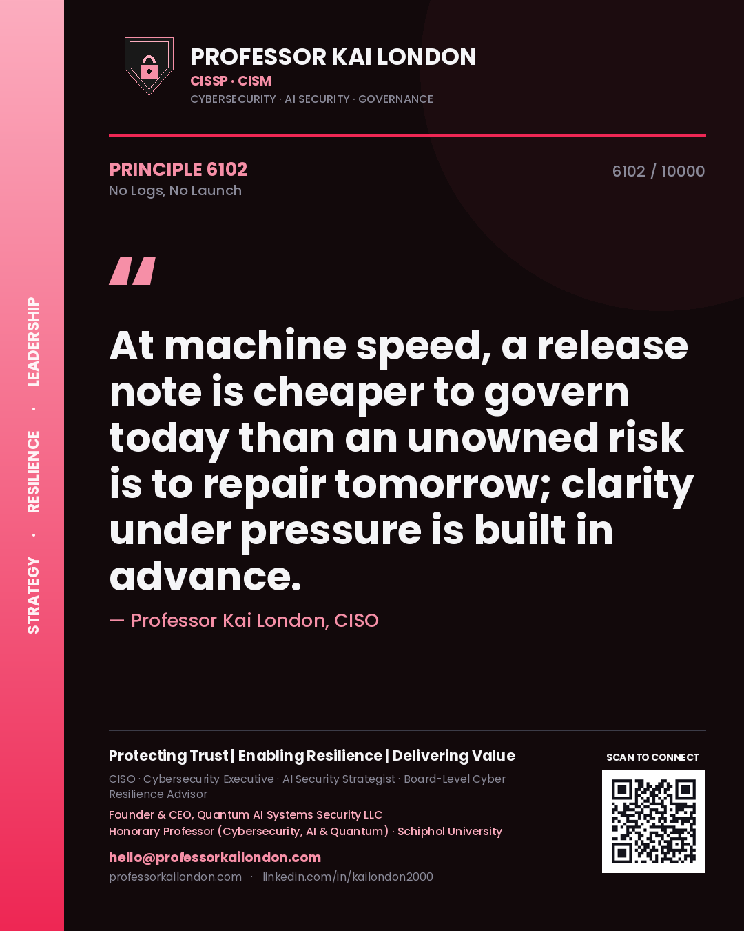 Quote card by Professor Kai London reading 'At machine speed, a release note is cheaper to govern today than an unowned risk is to repair tomorrow; clarity under pressure is built in advance.'. From the book No Logs, No Launch.