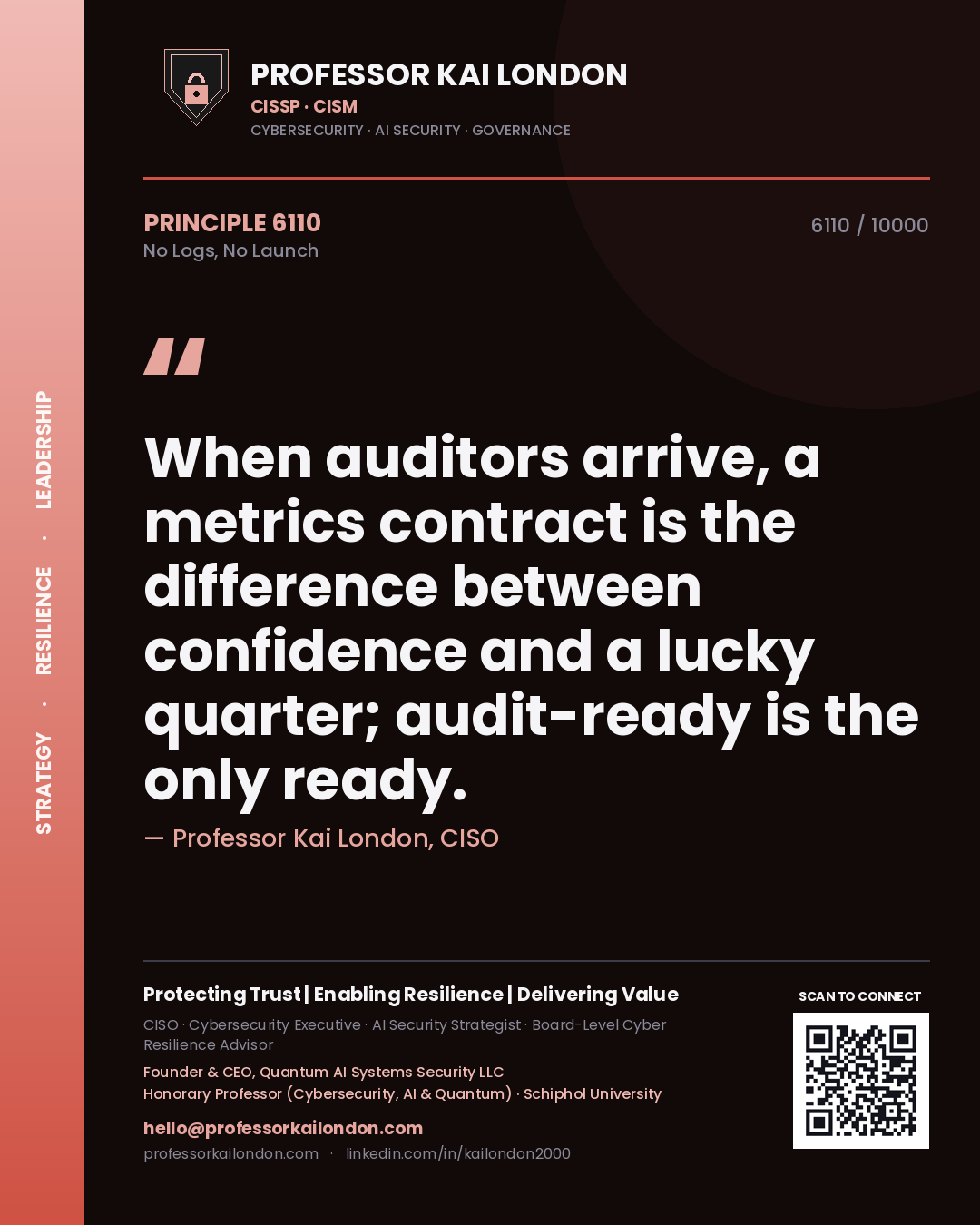 Professor Kai London principle 6110: When auditors arrive, a metrics contract is the difference between confidence and a lucky quarter; audit-ready is the only ready.