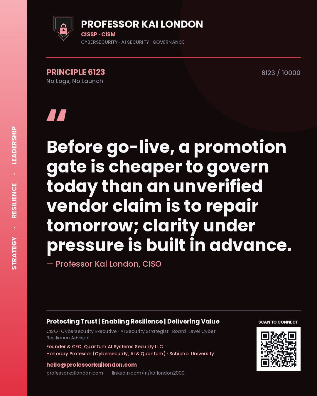 Professor Kai London principle 6123: Before go-live, a promotion gate is cheaper to govern today than an unverified vendor claim is to repair tomorrow; clarity under pressure is built in advance.