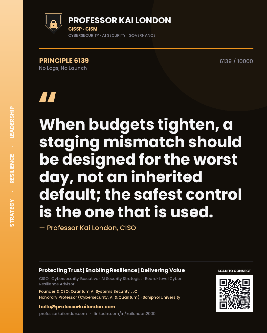 Quote card by Professor Kai London reading 'When budgets tighten, a staging mismatch should be designed for the worst day, not an inherited default; the safest control is the one that is used.'. From the book No Logs, No Launch.