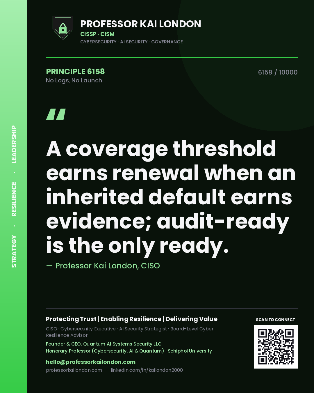Professor Kai London principle 6158: A coverage threshold earns renewal when an inherited default earns evidence; audit-ready is the only ready.