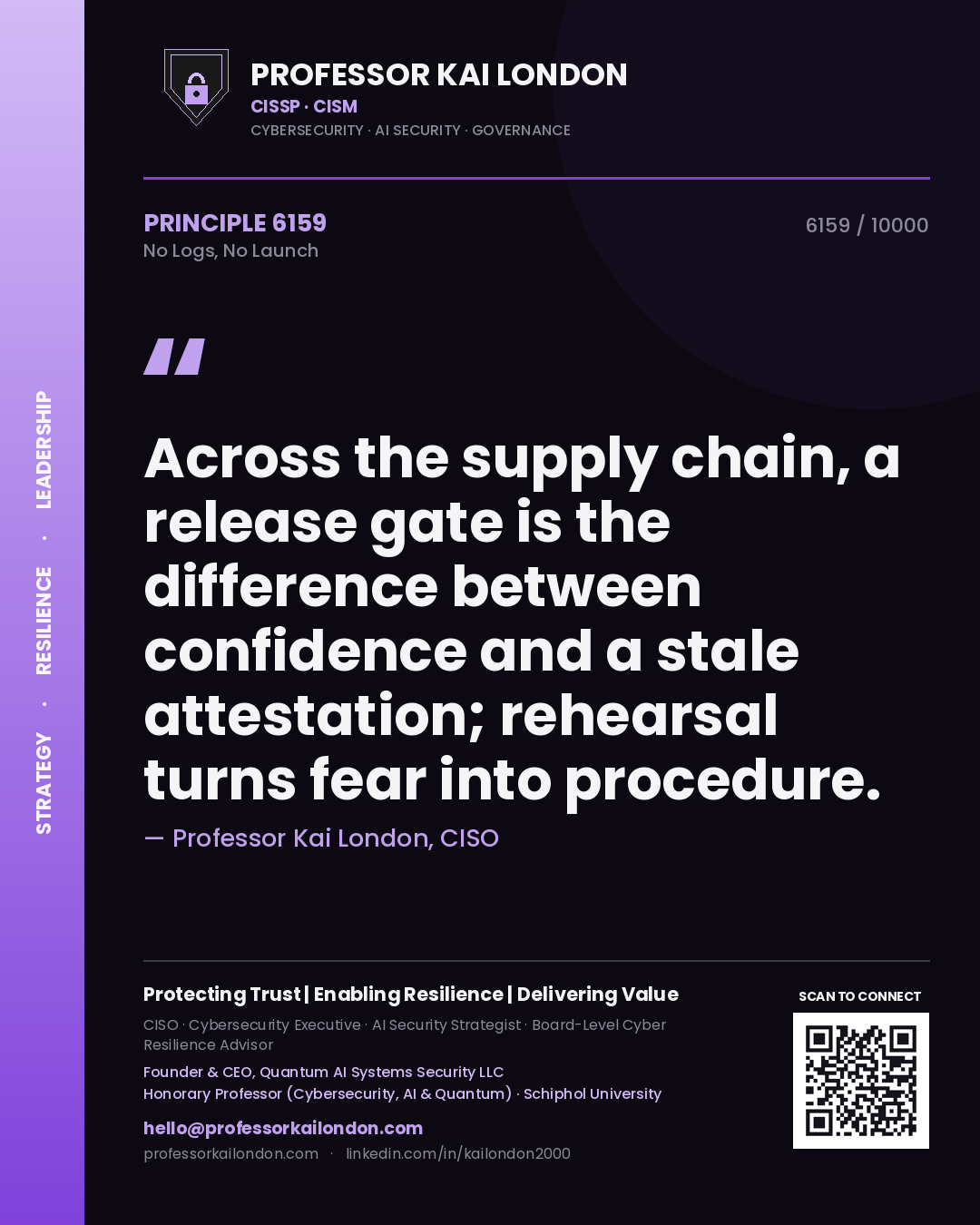 Quote card by Professor Kai London reading 'Across the supply chain, a release gate is the difference between confidence and a stale attestation; rehearsal turns fear into procedure.'. From the book No Logs, No Launch.