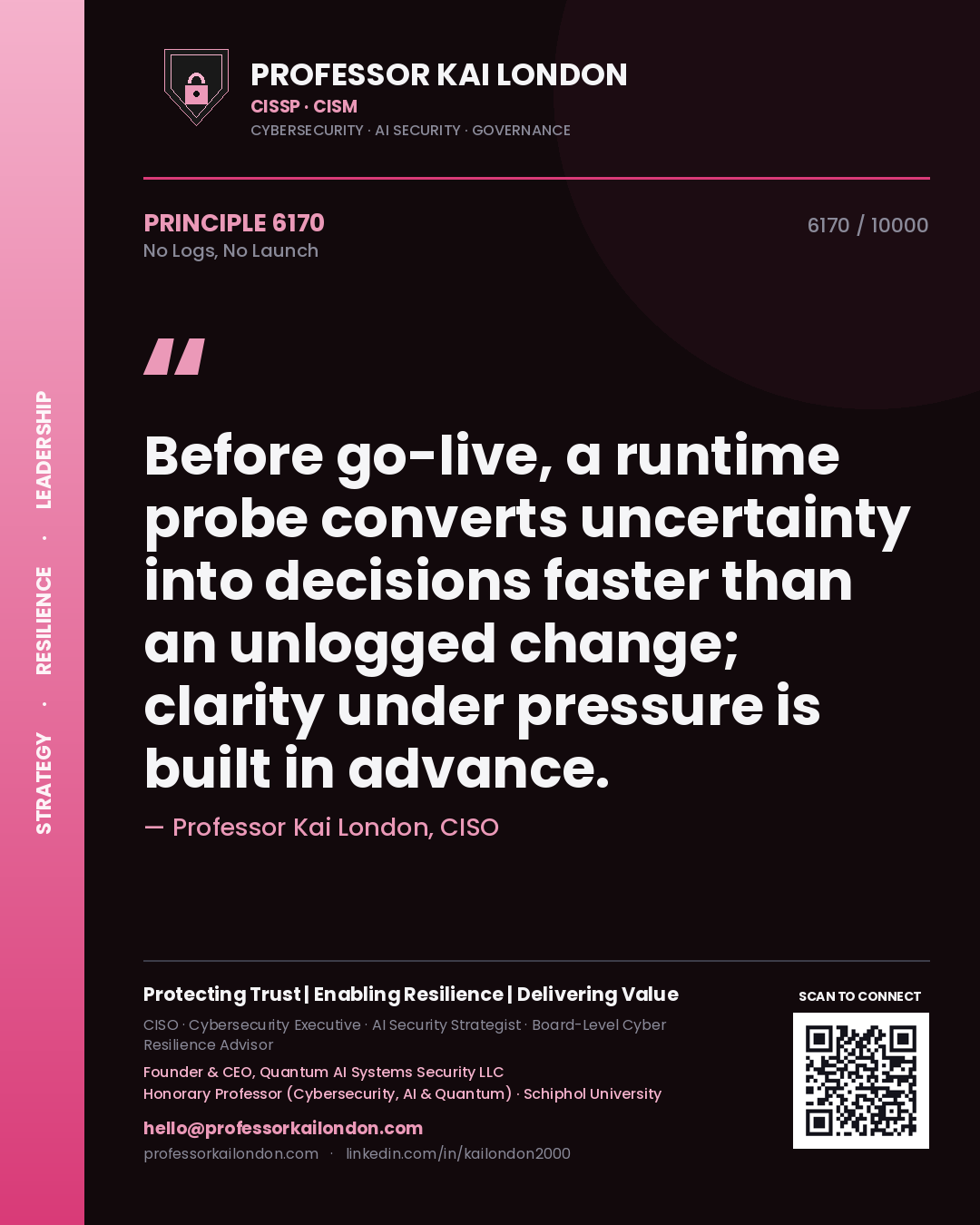 Quote card by Professor Kai London reading 'Before go-live, a runtime probe converts uncertainty into decisions faster than an unlogged change; clarity under pressure is built in advance.'. From the book No Logs, No Launch.