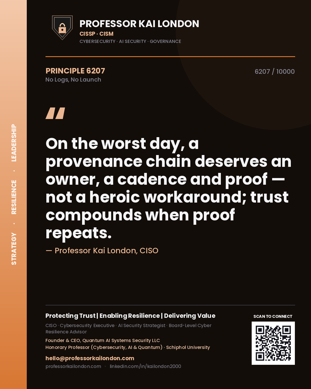 Quote card by Professor Kai London reading 'On the worst day, a provenance chain deserves an owner, a cadence and proof — not a heroic workaround; trust compounds when proof repeats.'. From the book No Logs, No Launch.