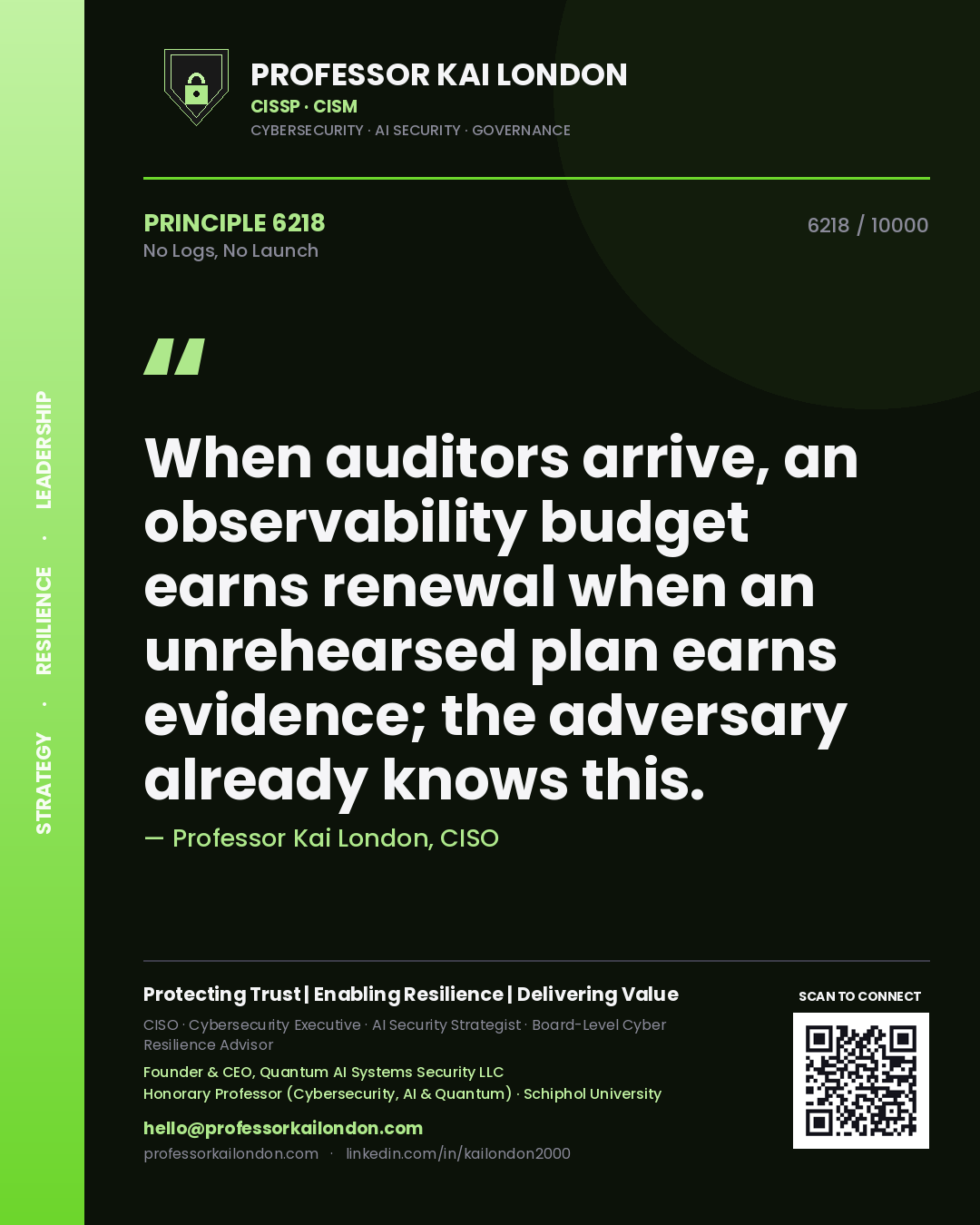 Professor Kai London principle 6218: When auditors arrive, an observability budget earns renewal when an unrehearsed plan earns evidence; the adversary already knows this.