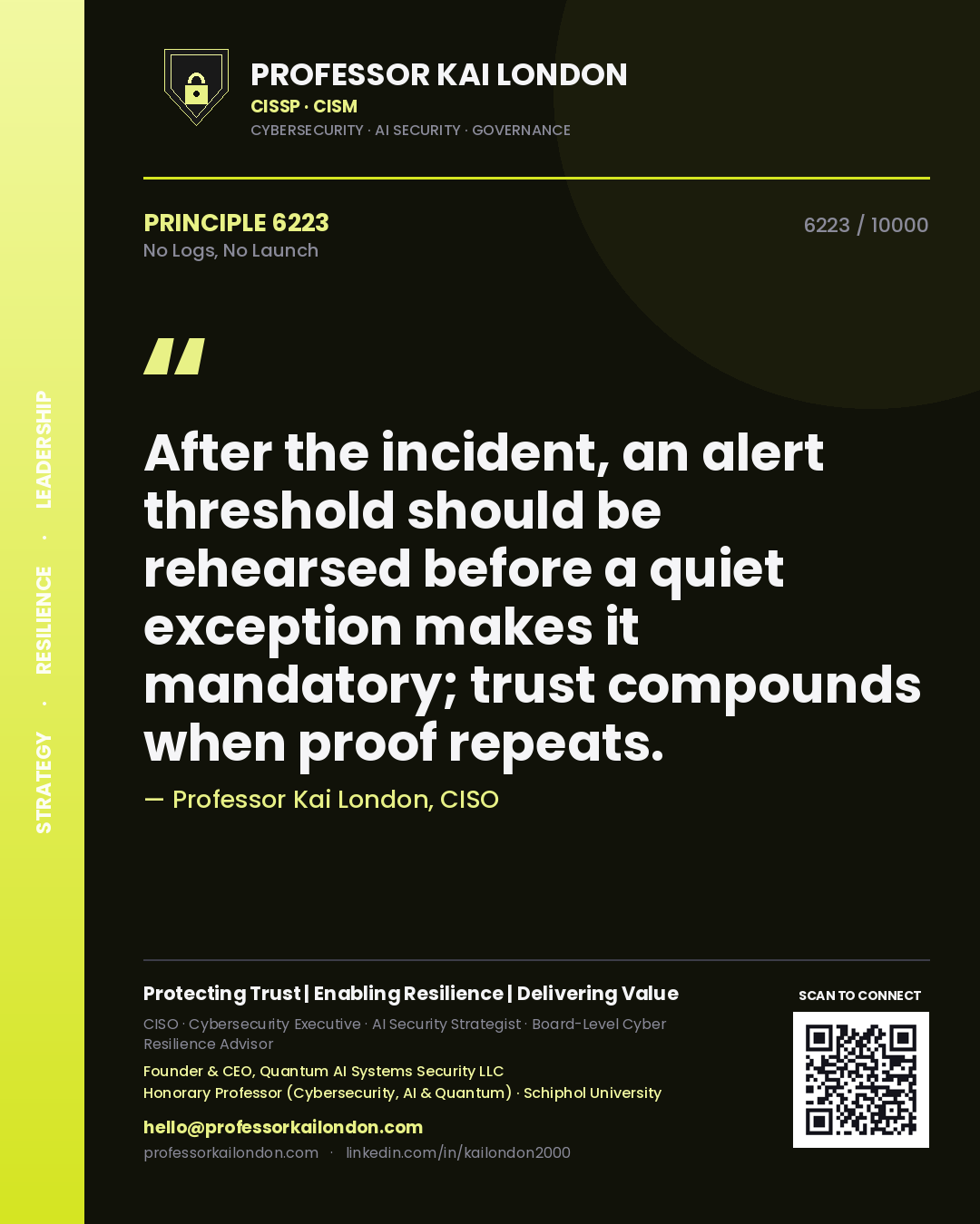 Professor Kai London principle 6223: After the incident, an alert threshold should be rehearsed before a quiet exception makes it mandatory; trust compounds when proof repeats.