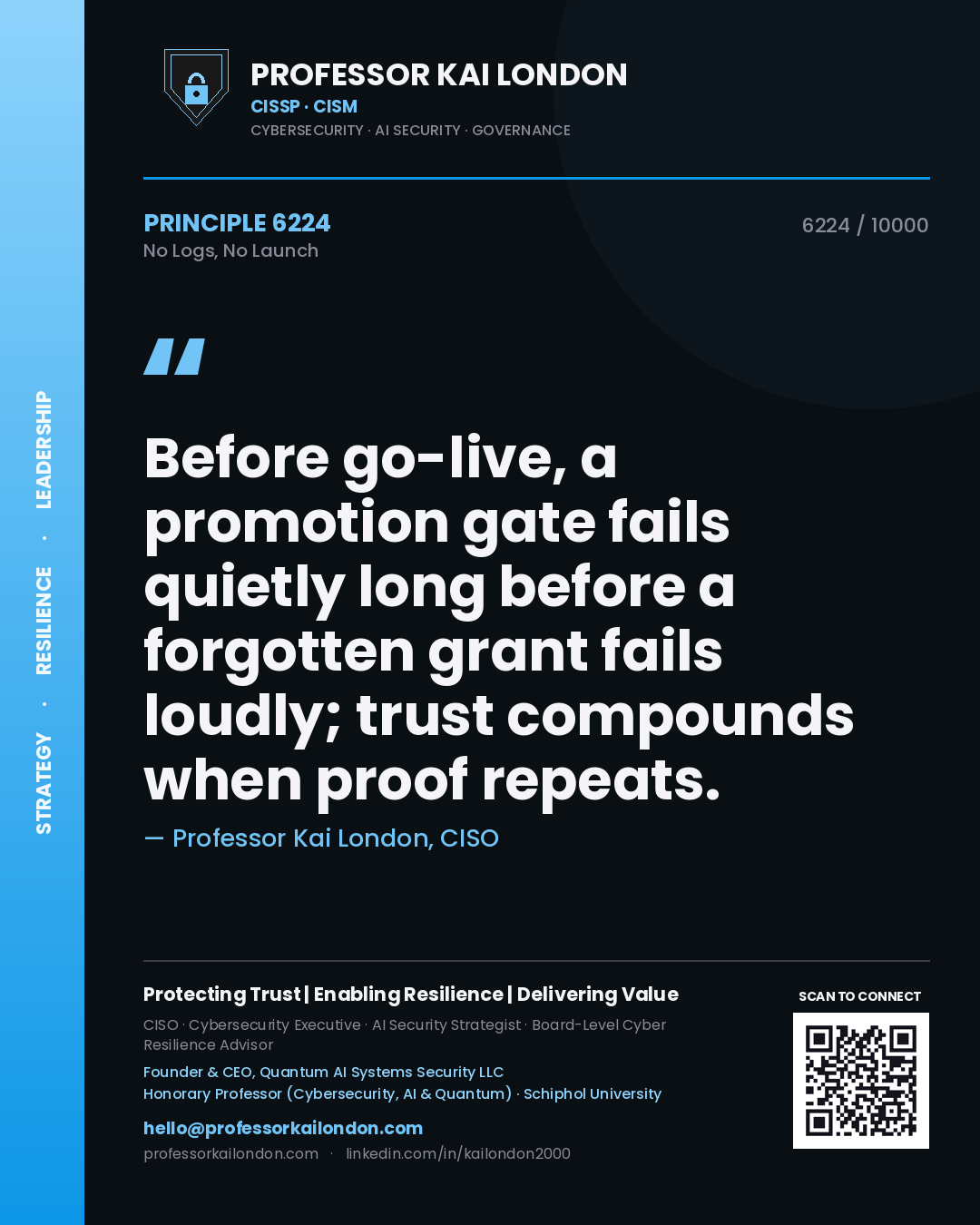 Professor Kai London principle 6224: Before go-live, a promotion gate fails quietly long before a forgotten grant fails loudly; trust compounds when proof repeats.