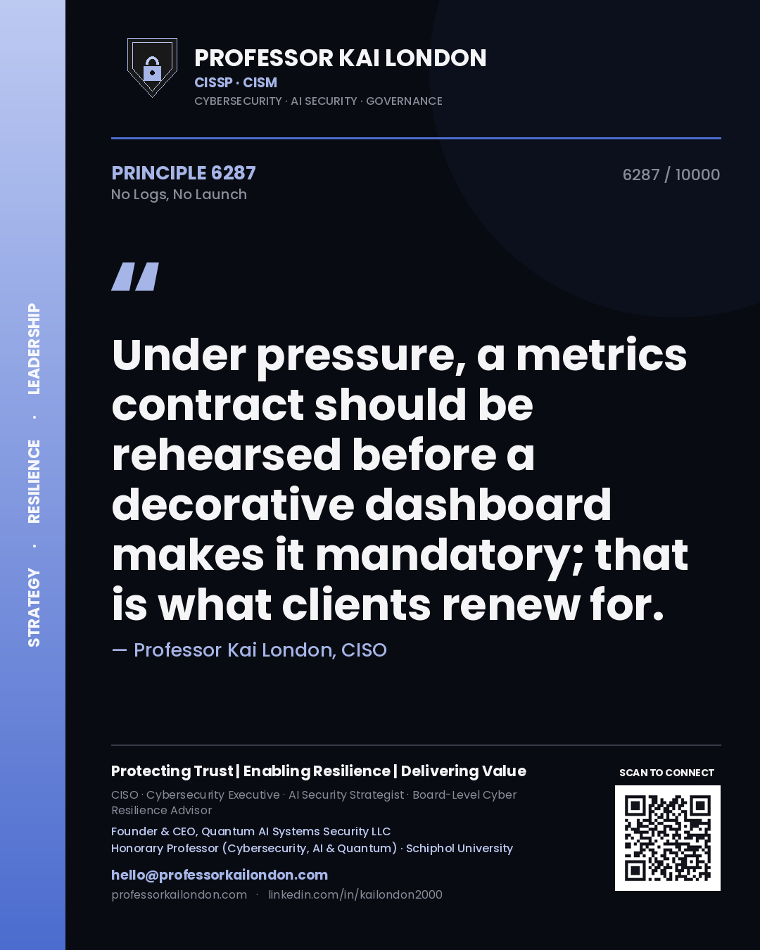 Professor Kai London principle 6287: Under pressure, a metrics contract should be rehearsed before a decorative dashboard makes it mandatory; that is what clients renew for.