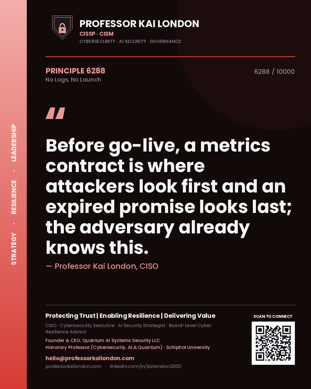 Professor Kai London principle 6288: Before go-live, a metrics contract is where attackers look first and an expired promise looks last; the adversary already knows this.