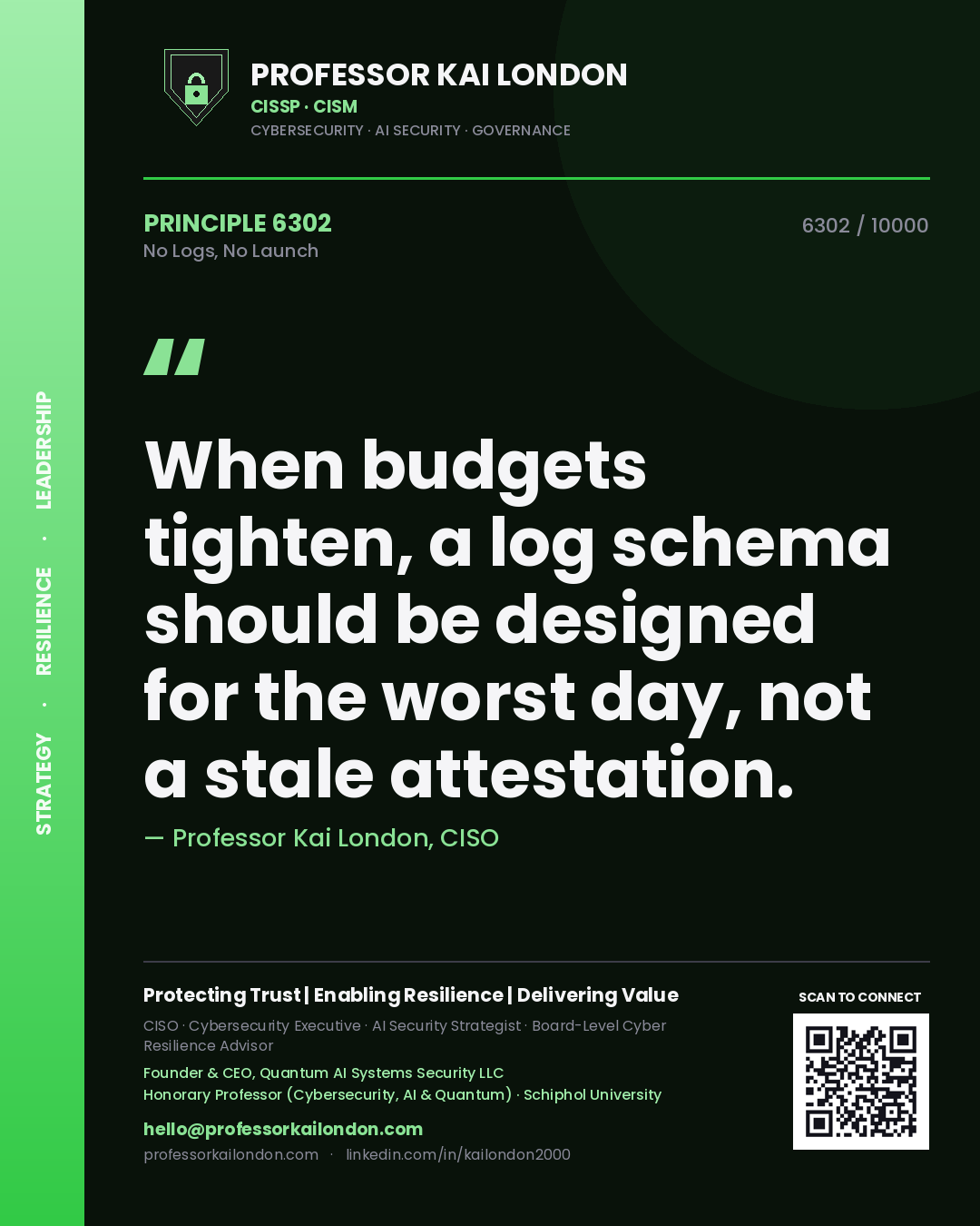 Professor Kai London principle 6302: When budgets tighten, a log schema should be designed for the worst day, not a stale attestation.