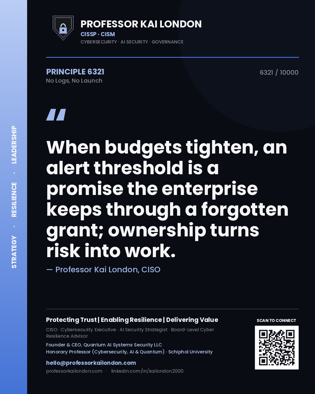 Quote card by Professor Kai London reading 'When budgets tighten, an alert threshold is a promise the enterprise keeps through a forgotten grant; ownership turns risk into work.'. From the book No Logs, No Launch.