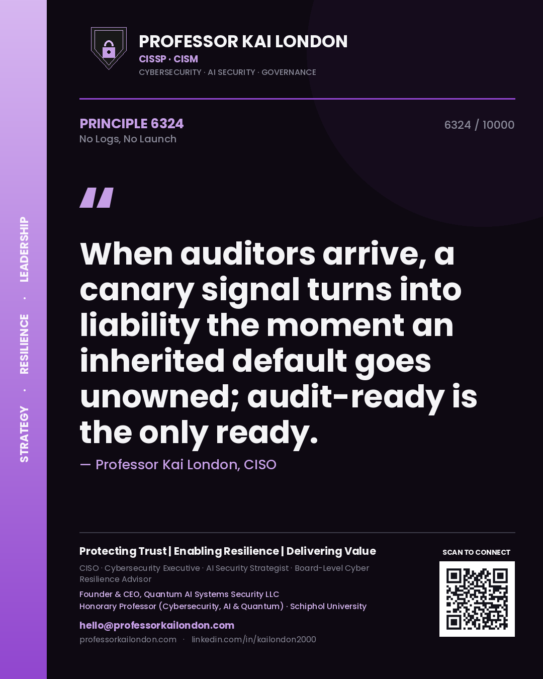 Professor Kai London principle 6324: When auditors arrive, a canary signal turns into liability the moment an inherited default goes unowned; audit-ready is the only ready.