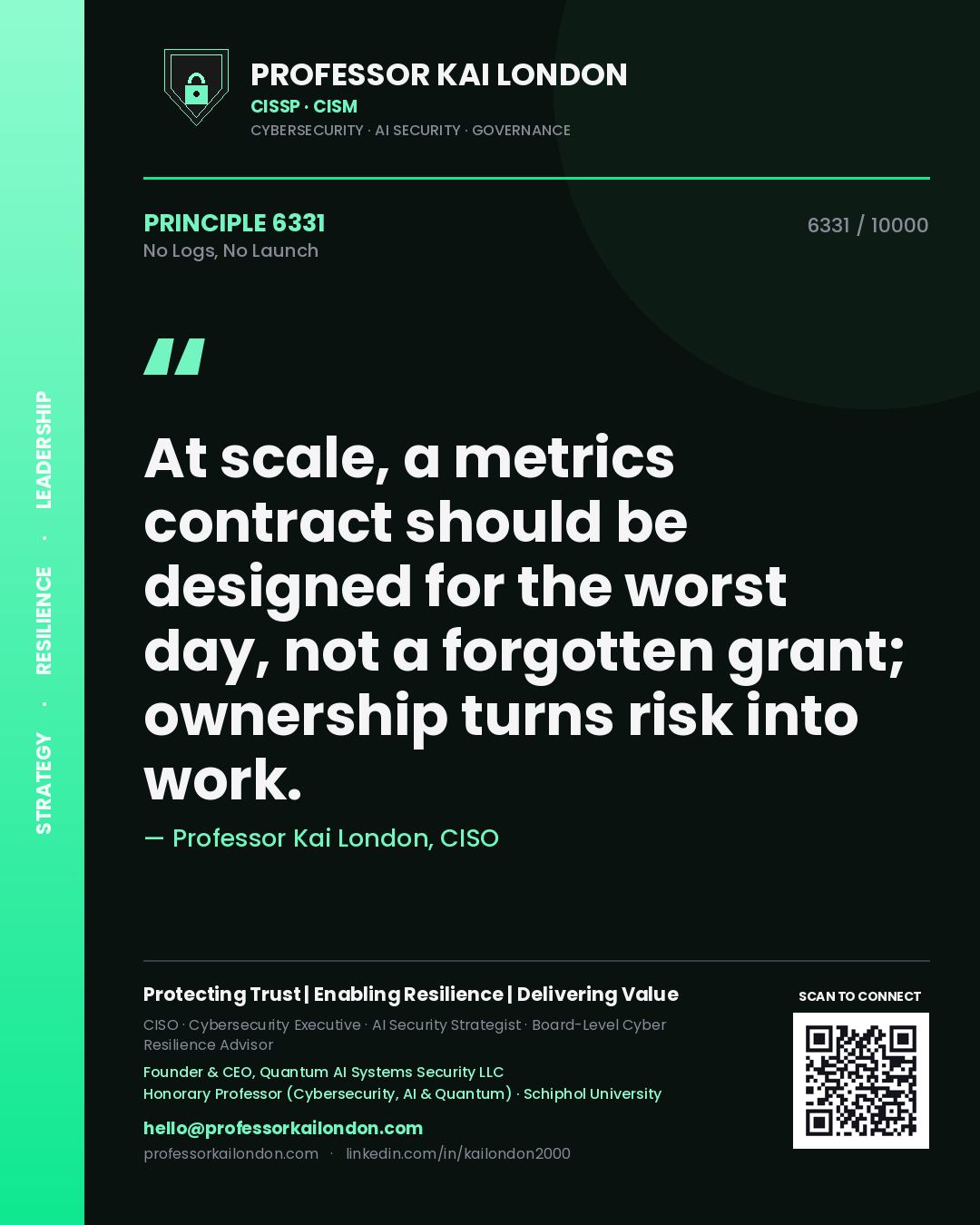 Quote card by Professor Kai London reading 'At scale, a metrics contract should be designed for the worst day, not a forgotten grant; ownership turns risk into work.'. From the book No Logs, No Launch.