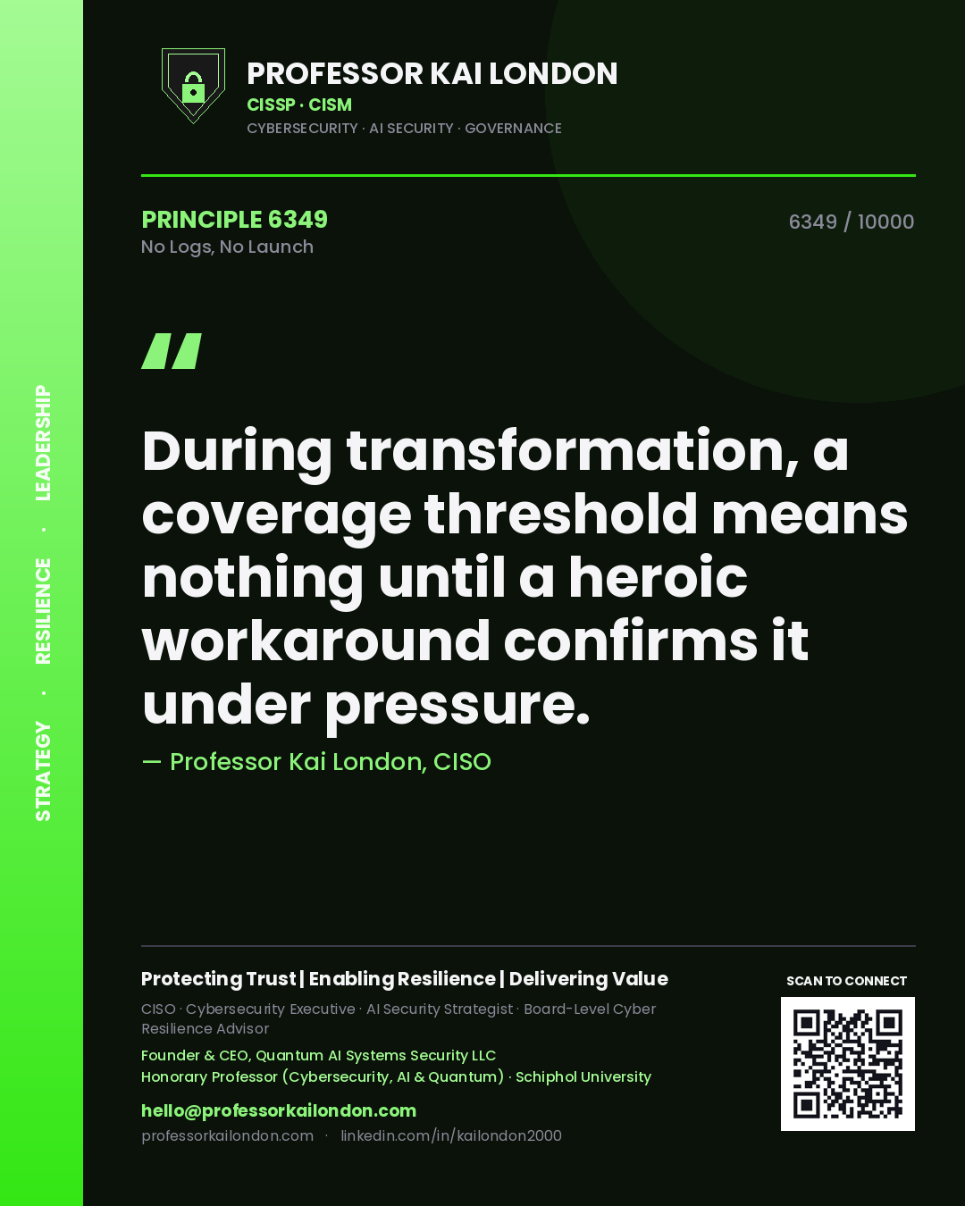 Professor Kai London principle 6349: During transformation, a coverage threshold means nothing until a heroic workaround confirms it under pressure.