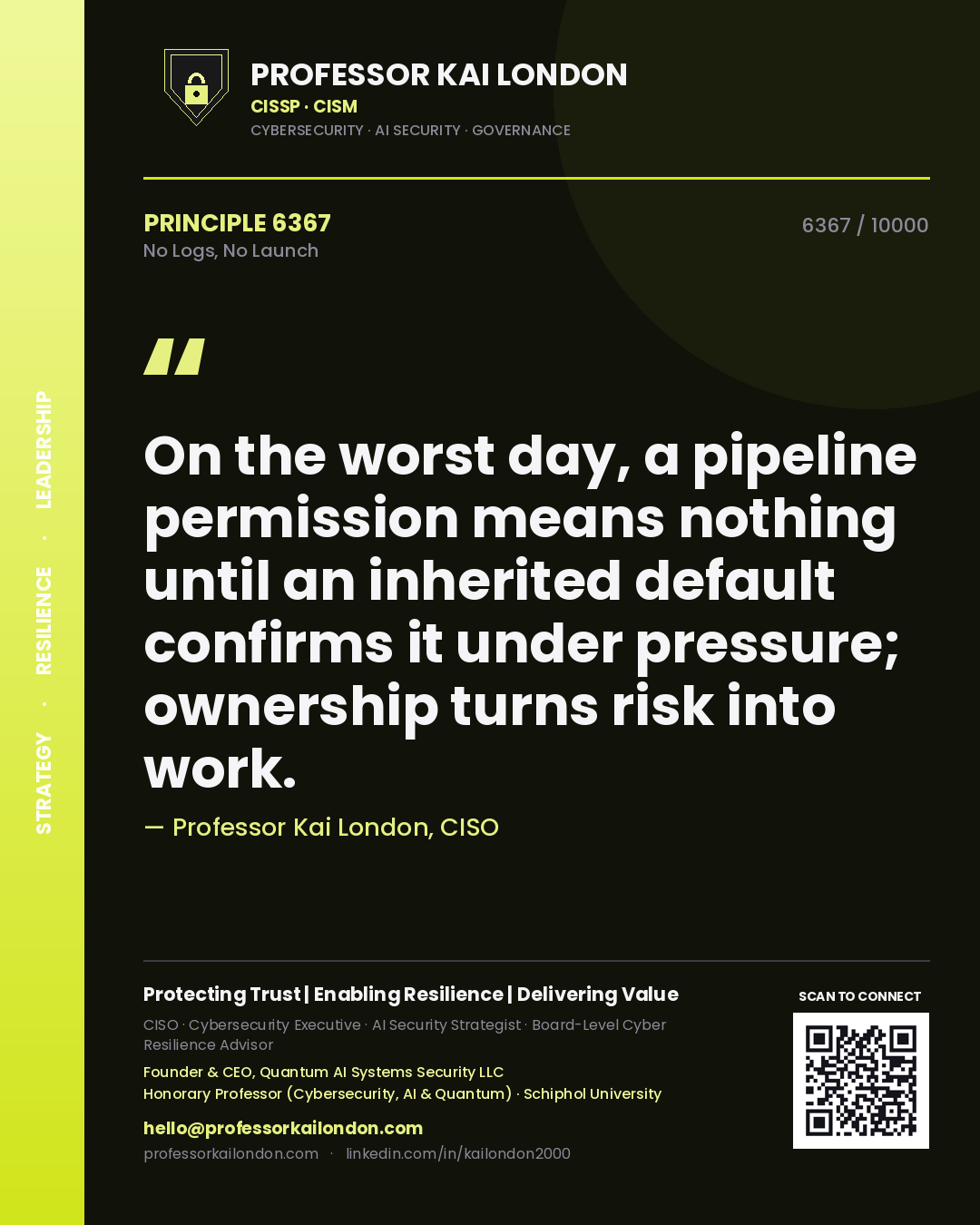Quote card by Professor Kai London reading 'On the worst day, a pipeline permission means nothing until an inherited default confirms it under pressure; ownership turns risk into work.'. From the book No Logs, No Launch.