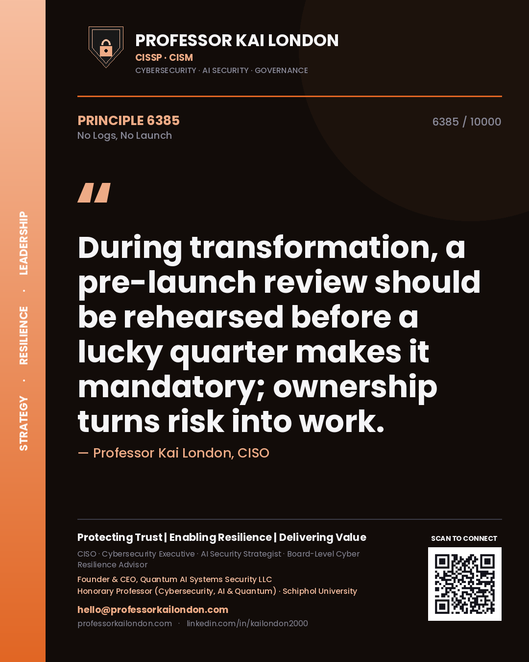 Professor Kai London principle 6385: During transformation, a pre-launch review should be rehearsed before a lucky quarter makes it mandatory; ownership turns risk into work.
