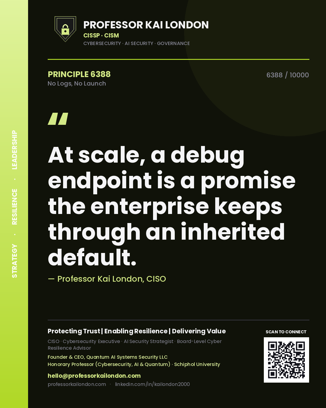 Professor Kai London principle 6388: At scale, a debug endpoint is a promise the enterprise keeps through an inherited default.