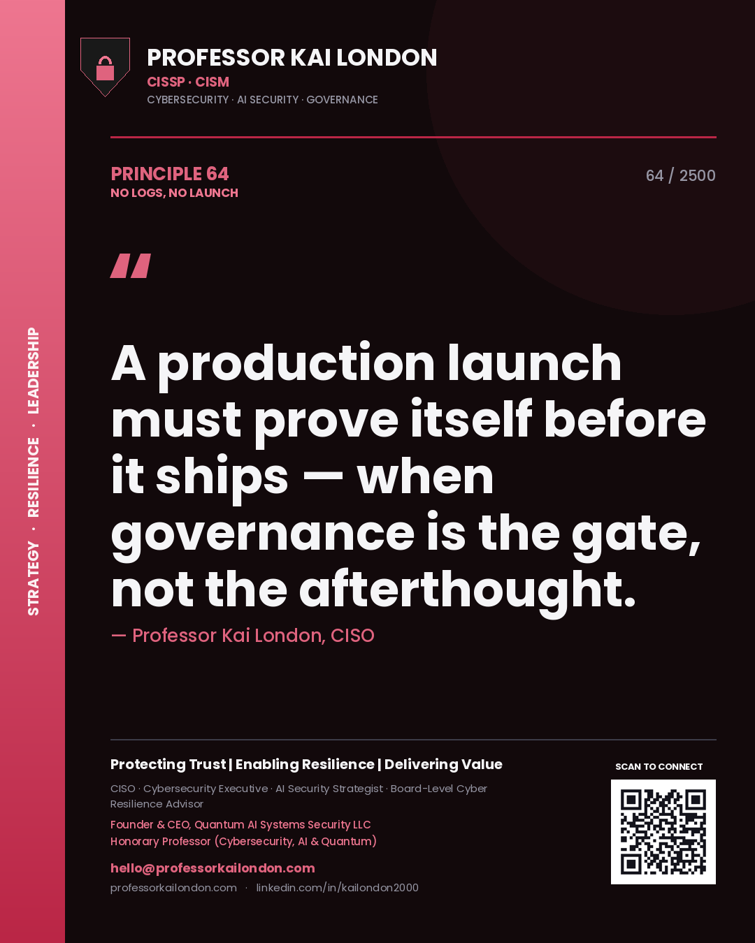 Quote card by Professor Kai London reading 'A production launch must prove itself before it ships — when governance is the gate, not the afterthought.'. From the book No Logs, No Launch.