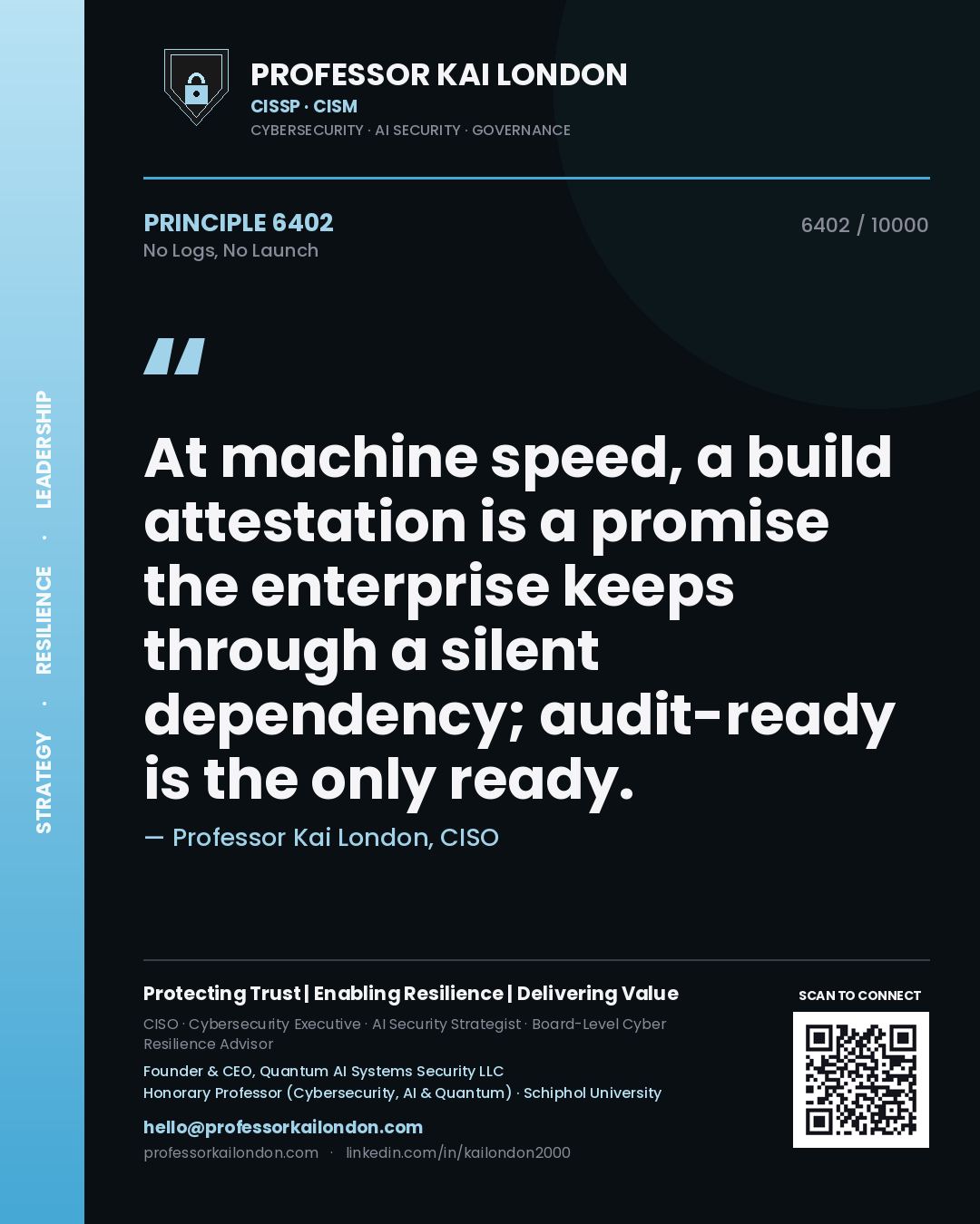 Professor Kai London principle 6402: At machine speed, a build attestation is a promise the enterprise keeps through a silent dependency; audit-ready is the only ready.