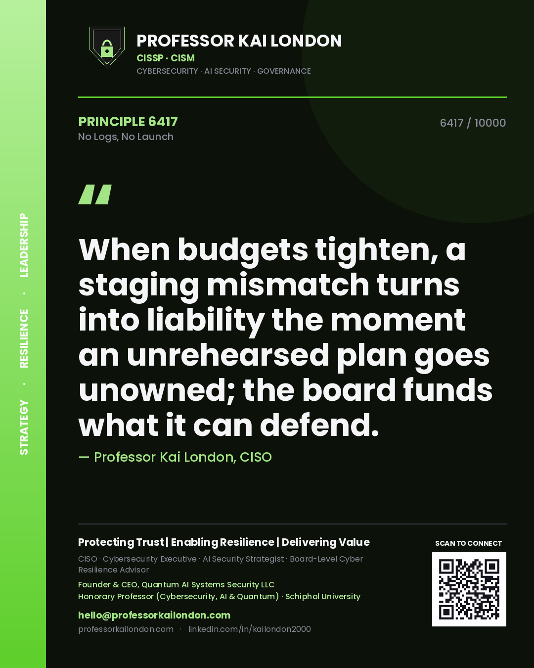 Quote card by Professor Kai London reading 'When budgets tighten, a staging mismatch turns into liability the moment an unrehearsed plan goes unowned; the board funds what it can defend.'. From the book No Logs, No Launch.