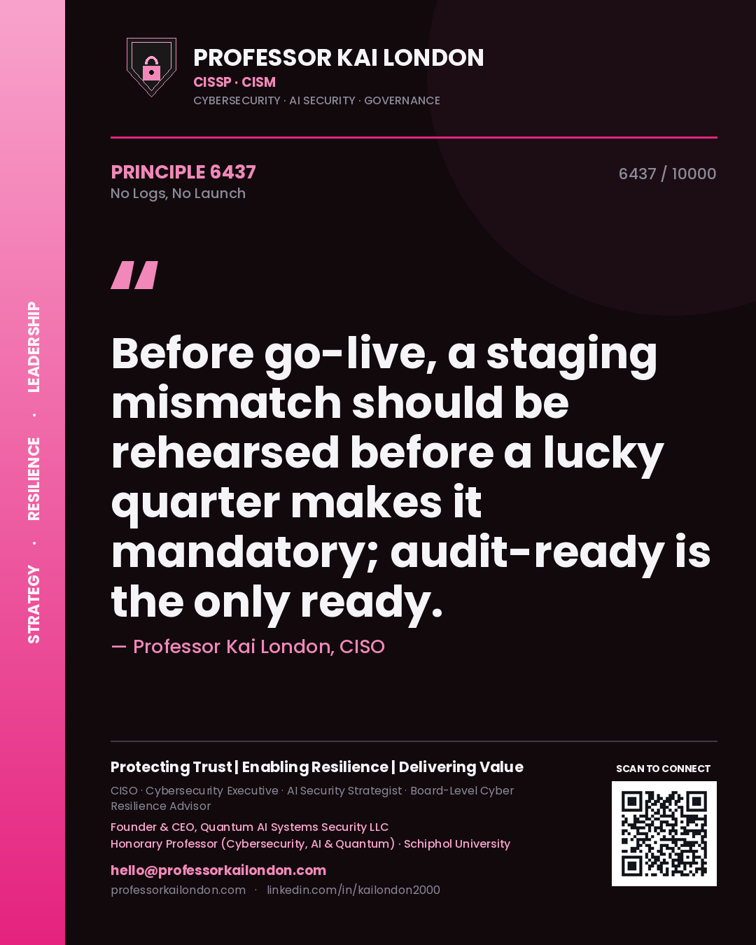 Professor Kai London principle 6437: Before go-live, a staging mismatch should be rehearsed before a lucky quarter makes it mandatory; audit-ready is the only ready.
