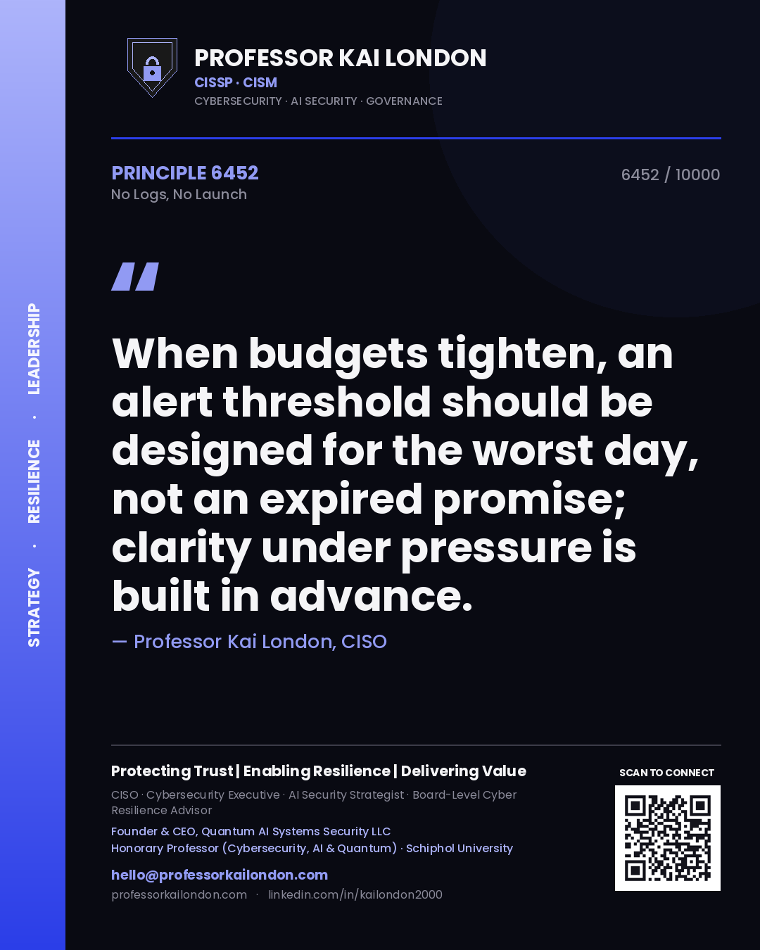 Quote card by Professor Kai London reading 'When budgets tighten, an alert threshold should be designed for the worst day, not an expired promise; clarity under pressure is built in advance.'. From the book No Logs, No Launch.