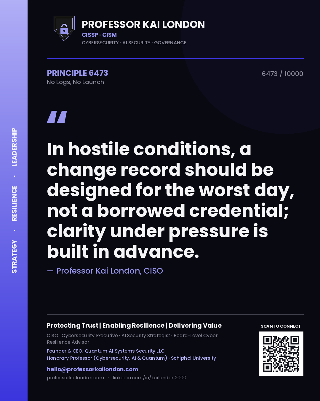 Professor Kai London principle 6473: In hostile conditions, a change record should be designed for the worst day, not a borrowed credential; clarity under pressure is built in advance.