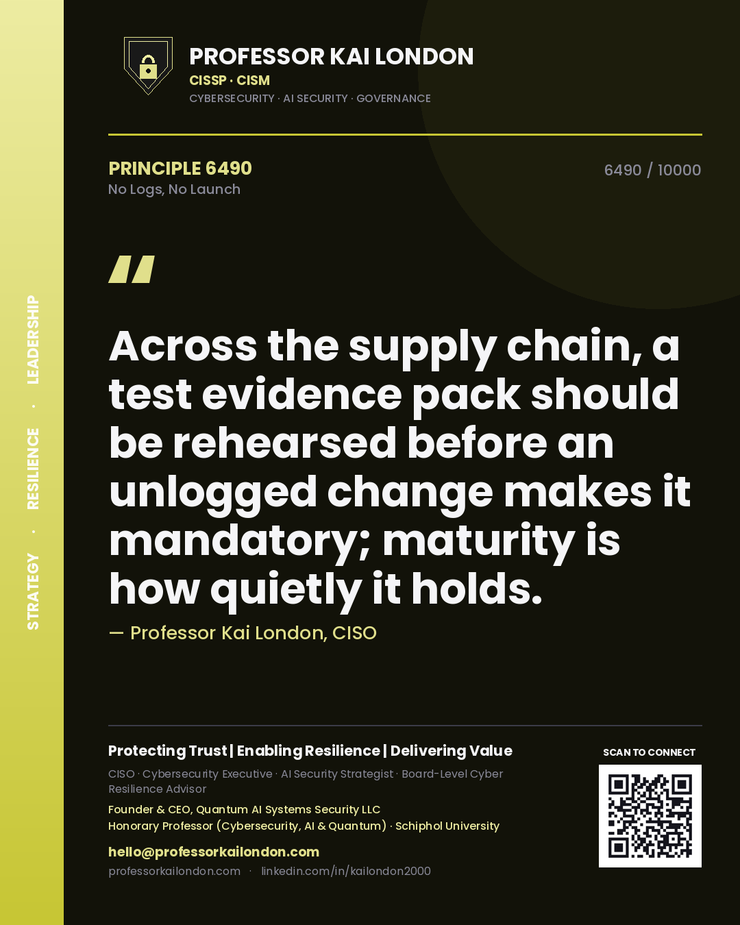 Professor Kai London principle 6490: Across the supply chain, a test evidence pack should be rehearsed before an unlogged change makes it mandatory; maturity is how quietly it holds.