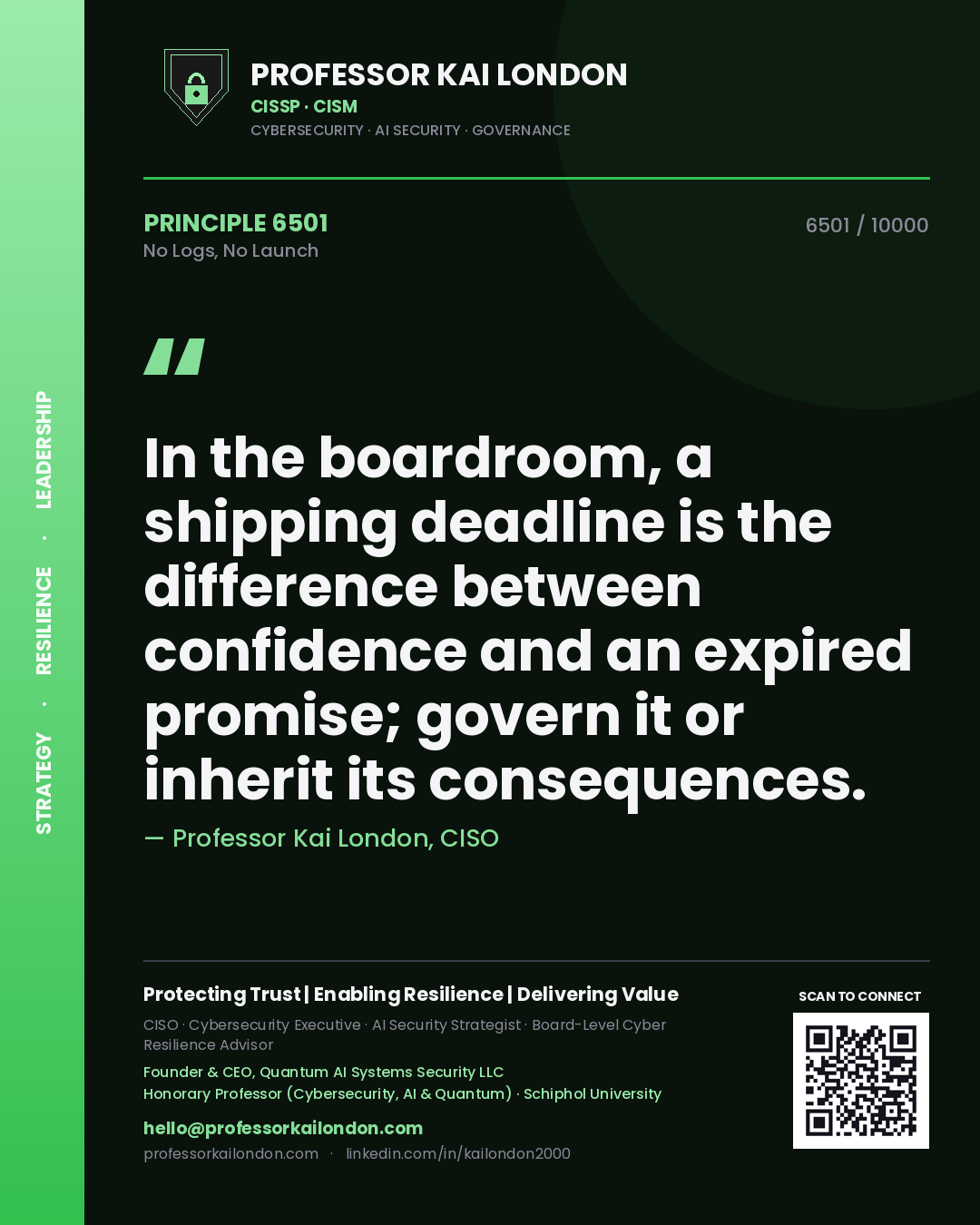 Professor Kai London principle 6501: In the boardroom, a shipping deadline is the difference between confidence and an expired promise; govern it or inherit its consequences.