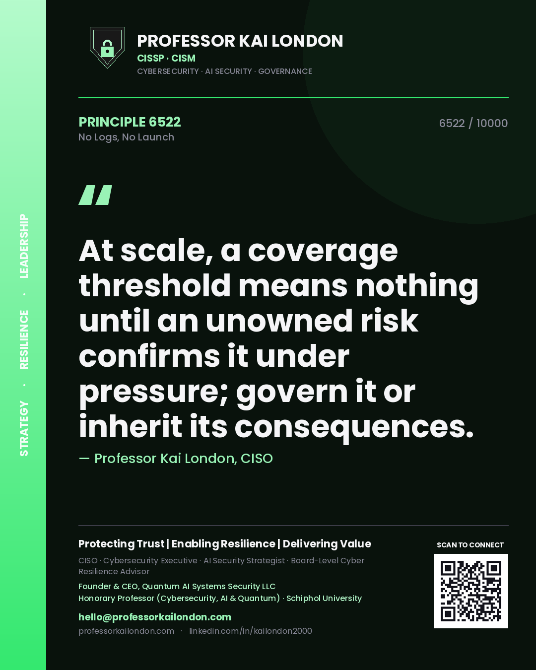Quote card by Professor Kai London reading 'At scale, a coverage threshold means nothing until an unowned risk confirms it under pressure; govern it or inherit its consequences.'. From the book No Logs, No Launch.