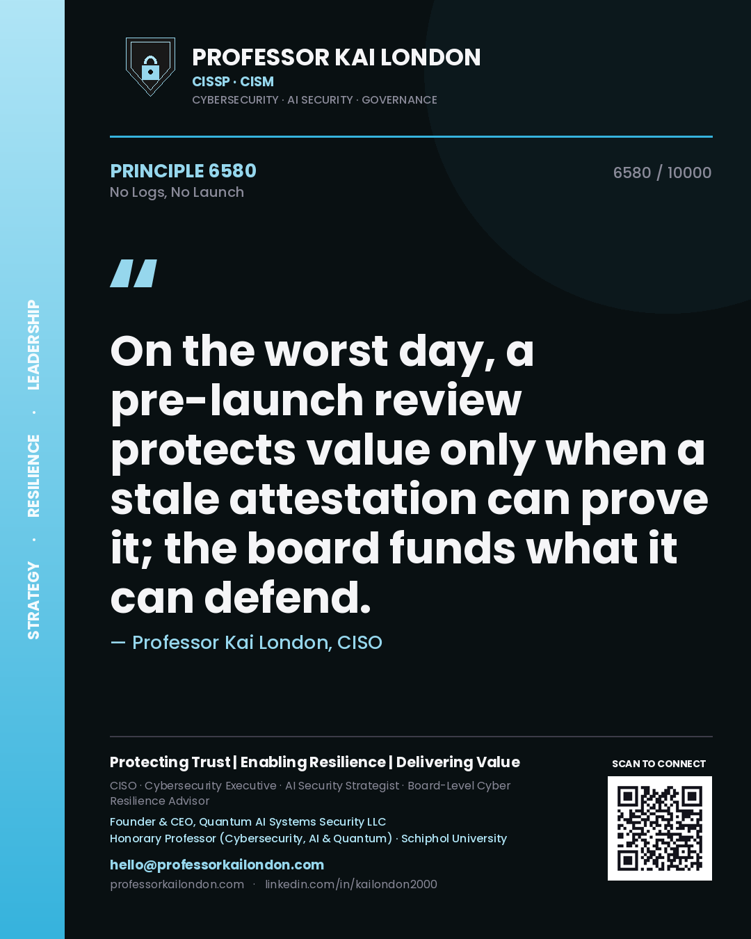 Quote card by Professor Kai London reading 'On the worst day, a pre-launch review protects value only when a stale attestation can prove it; the board funds what it can defend.'. From the book No Logs, No Launch.